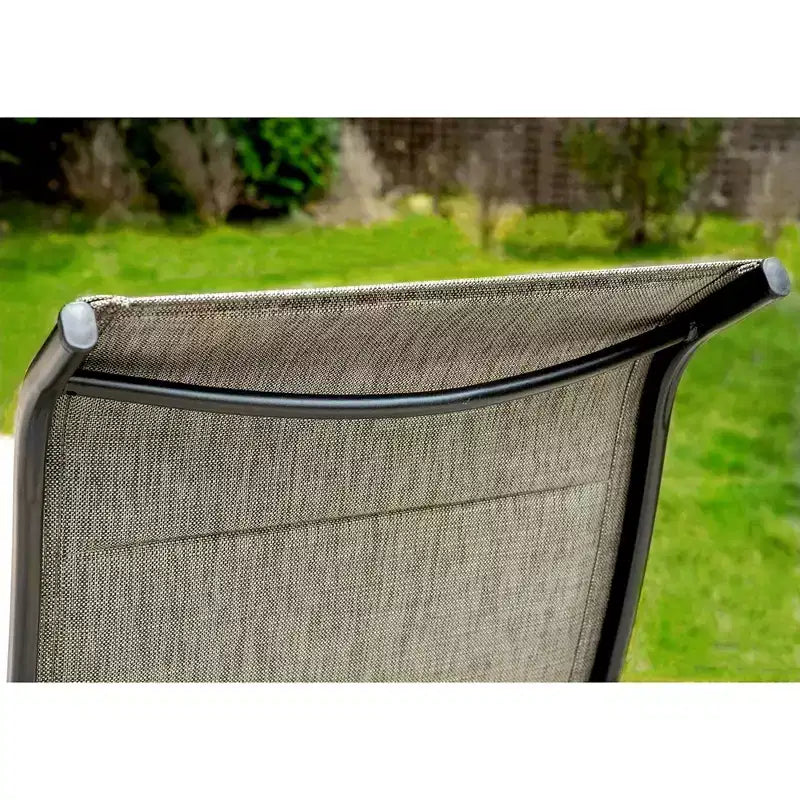 Captiva Designs 7pc Patio Black Slatted Round Steel Table with Umbrella Hole & Grayish Brown Textilene Chairs