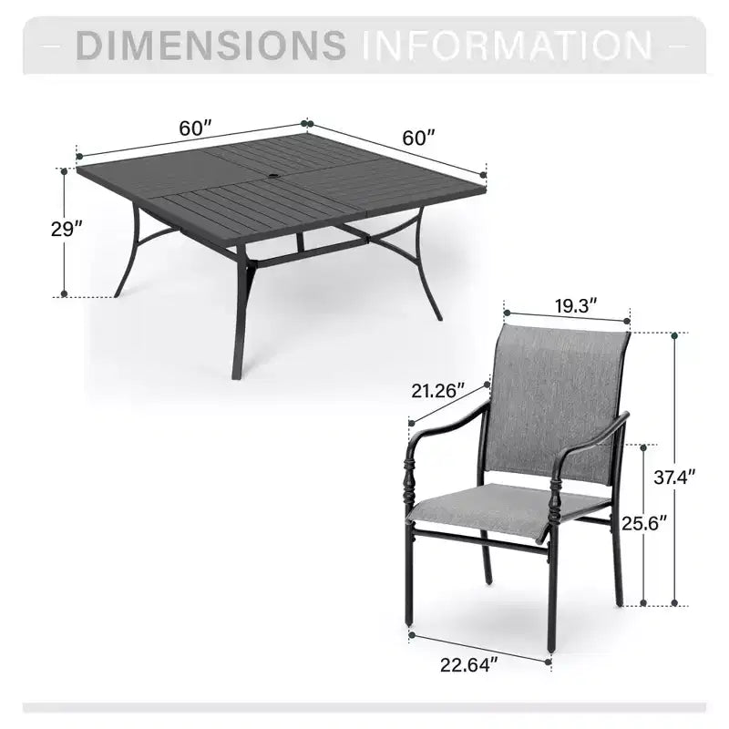 Ensemble de salle à manger d'extérieur Captiva Designs 9 pièces avec grande table carrée en métal à lattes et chaises à cadre en acier