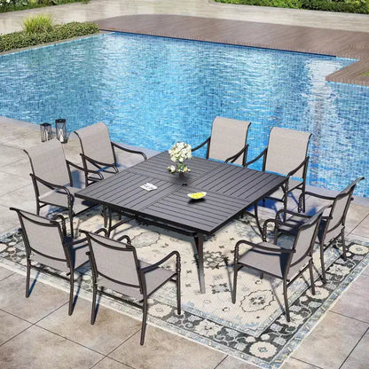 Captiva Designs 9pc Patio Dining Set with Spacious Slat-top Square Metal Table & Steel Frame Chairs