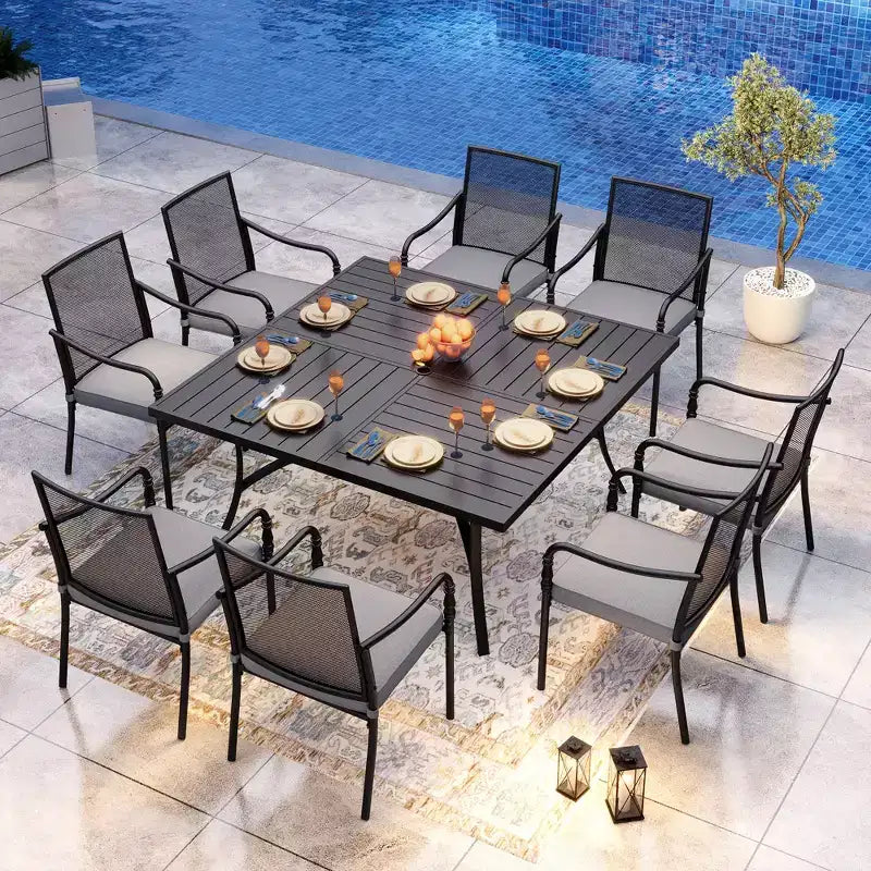Ensemble de salle à manger d'extérieur Captiva Designs 9 pièces avec grande table carrée en métal à lattes et chaises à cadre en acier
