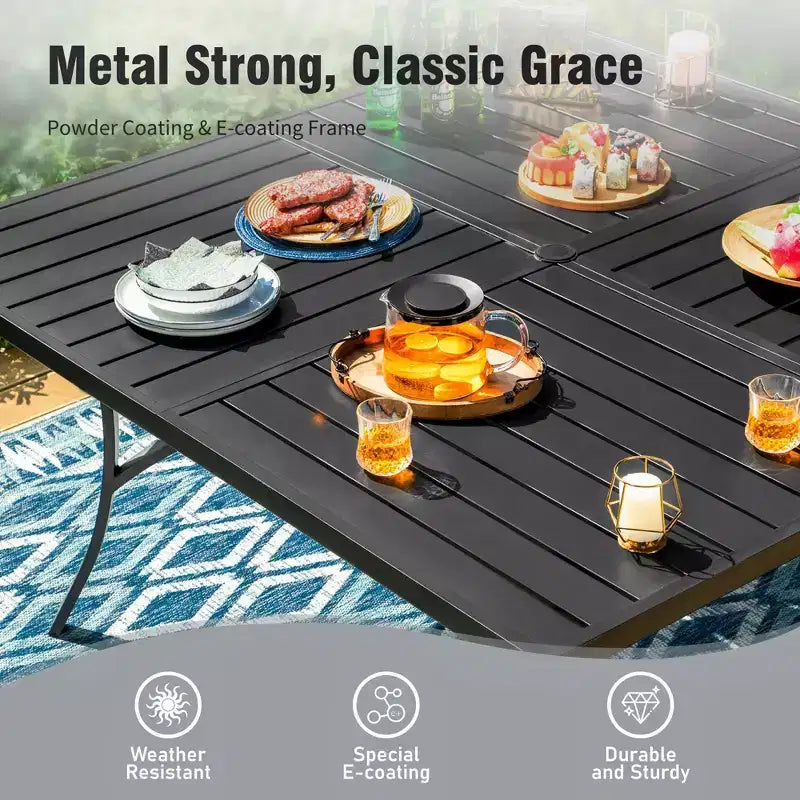 Captiva Designs Ensemble 9 pièces Table carrée spacieuse à lattes en métal avec trou pour parasol et chaises pliantes inclinables en textilène