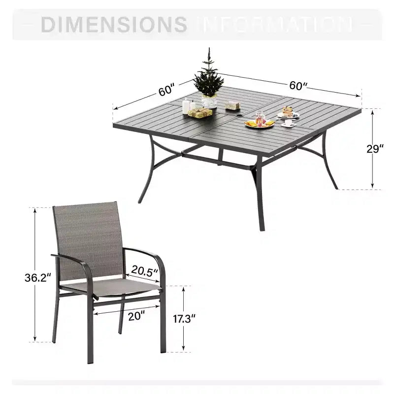 Captiva Designs Table carrée spacieuse à lattes 9 pièces en métal avec trou pour parasol et chaises de salle à manger fixes en toile textile