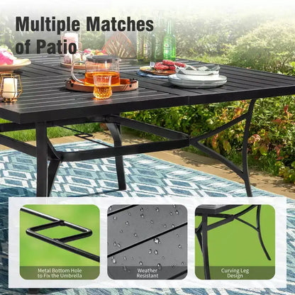 Captiva Designs Table carrée spacieuse à lattes 9 pièces en métal avec trou pour parasol et chaises de salle à manger fixes en toile textile