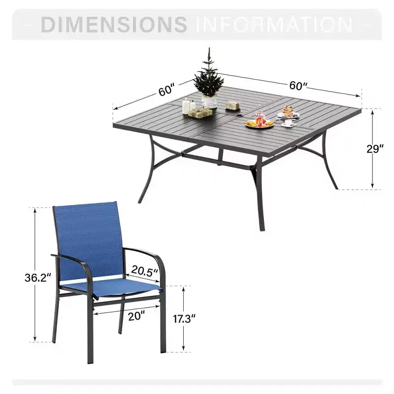 Captiva Designs Table carrée spacieuse à lattes 9 pièces en métal avec trou pour parasol et chaises de salle à manger fixes en toile textile