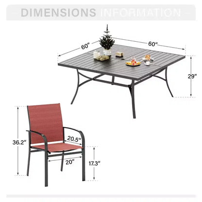 Captiva Designs Table carrée spacieuse à lattes 9 pièces en métal avec trou pour parasol et chaises de salle à manger fixes en toile textile