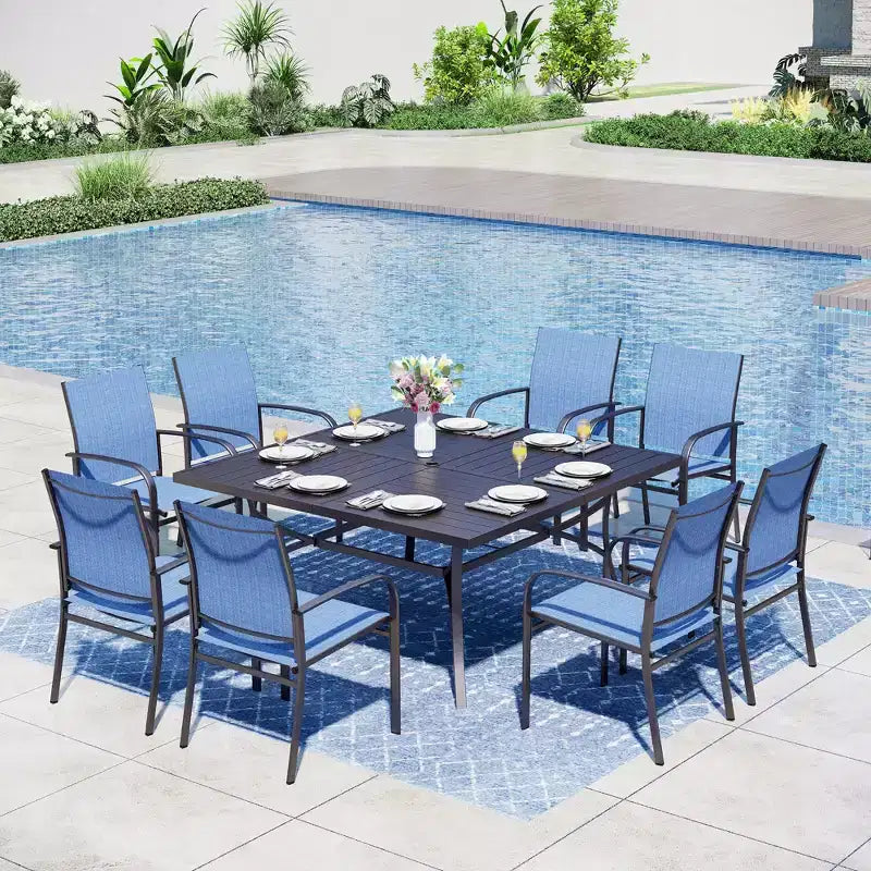 Captiva Designs Table carrée spacieuse à lattes 9 pièces en métal avec trou pour parasol et chaises de salle à manger fixes en toile textile