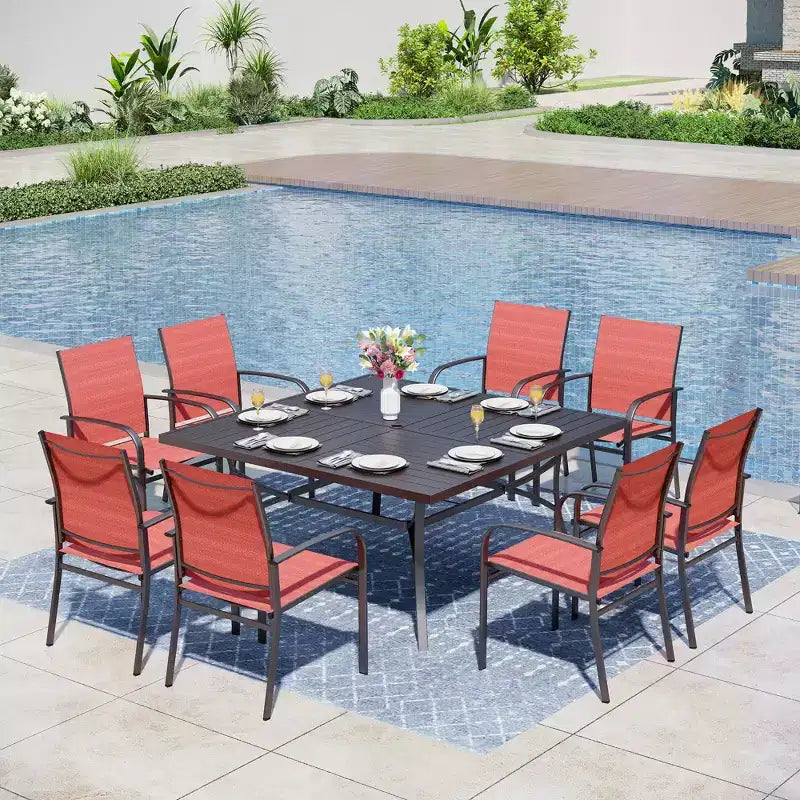 Captiva Designs Table carrée spacieuse à lattes 9 pièces en métal avec trou pour parasol et chaises de salle à manger fixes en toile textile