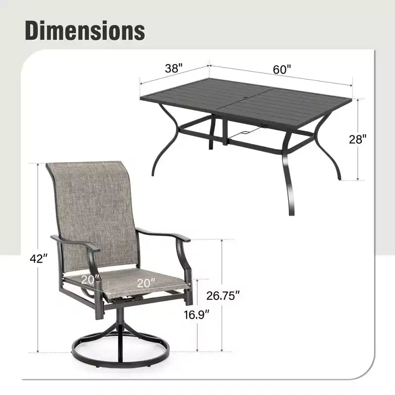 Captiva Designs 7pc Outdoor Slat-top Rectangle Steel Dining Table & Grayish Brown Padded Sling Chairs
