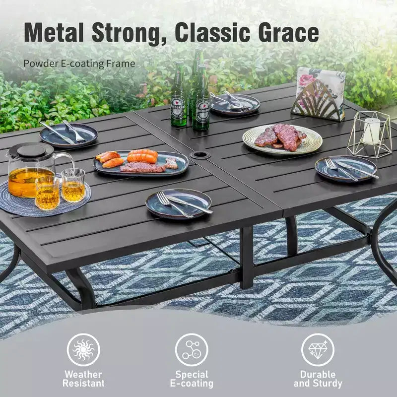 Captiva Designs 7pc Outdoor Slat-top Rectangle Steel Dining Table & Grayish Brown Padded Sling Chairs