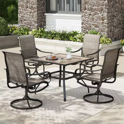 Captiva Designs - Ensemble de salle à manger d'extérieur 5 pièces avec table carrée effet bois, trou pour parasol et chaises pivotantes en textilène