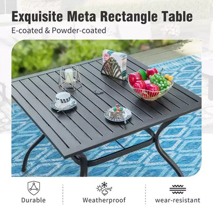 Captiva Designs 6pc Outdoor Patio Square Steel Dining Table with Stackable Metal Chairs and Market Umbrella