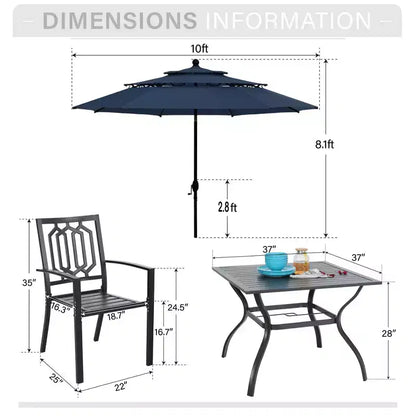 Captiva Designs 6pc Outdoor Patio Square Steel Dining Table with Stackable Metal Chairs and Market Umbrella