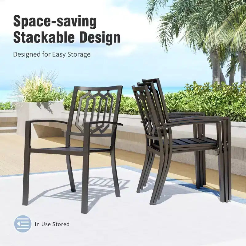 Captiva Designs 6pc Outdoor Patio Square Steel Dining Table with Stackable Metal Chairs and Market Umbrella