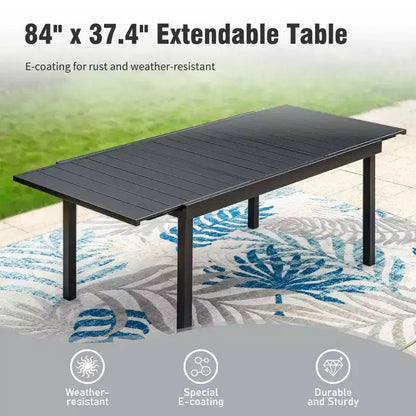 Captiva Designs Table de salle à manger rectangulaire avec plateau à lattes en acier réglable et 9 chaises en métal noir