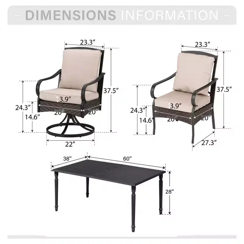 Ensemble de salle à manger d'extérieur Captiva Designs 7 pièces avec table rectangulaire à lattes, chaises fixes en rotin et métal et fauteuils pivotants