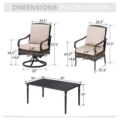 Ensemble de salle à manger d'extérieur Captiva Designs 7 pièces avec table rectangulaire à lattes, chaises fixes en rotin et métal et fauteuils pivotants