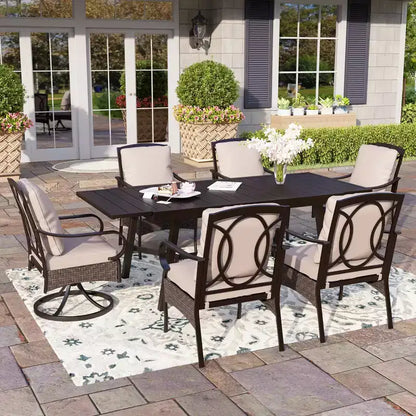 Ensemble de salle à manger d'extérieur Captiva Designs 7 pièces avec table rectangulaire à lattes, chaises fixes en rotin et métal et fauteuils pivotants
