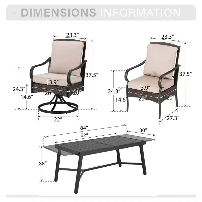 Ensemble de salle à manger d'extérieur Captiva Designs 7 pièces avec table rectangulaire à lattes, chaises fixes en rotin et métal et fauteuils pivotants