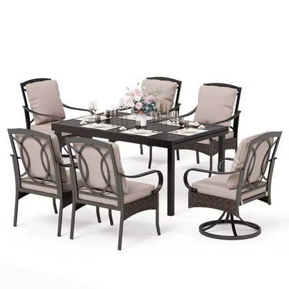 Ensemble de salle à manger d'extérieur Captiva Designs 7 pièces avec table rectangulaire à lattes, chaises fixes en rotin et métal et fauteuils pivotants