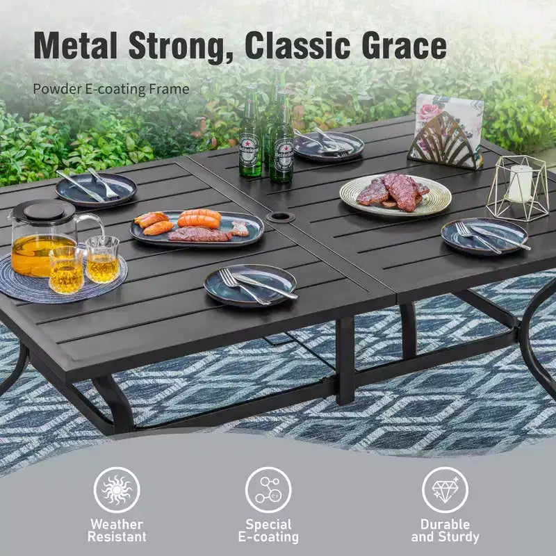 Ensemble de salle à manger d'extérieur Captiva Designs 7 pièces avec table rectangulaire à lattes, chaises fixes en rotin et métal et fauteuils pivotants