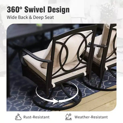 Ensemble de salle à manger d'extérieur Captiva Designs 7 pièces avec table rectangulaire à lattes, chaises fixes en rotin et métal et fauteuils pivotants