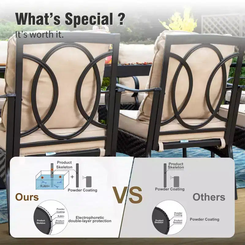 Ensemble de salle à manger d'extérieur Captiva Designs 7 pièces avec table rectangulaire à lattes, chaises fixes en rotin et métal et fauteuils pivotants