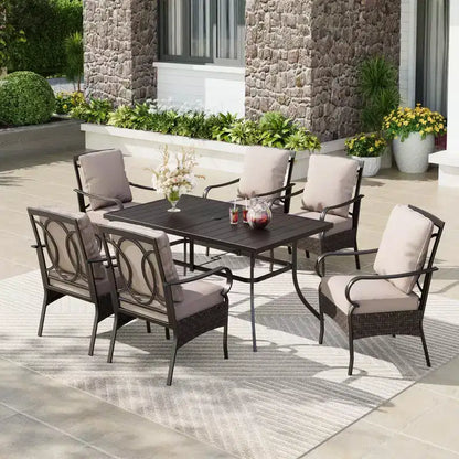 Captiva Designs 7pc Patio Dining Set with Rectangle Steel Table & Rattan Metal Arm Chairs