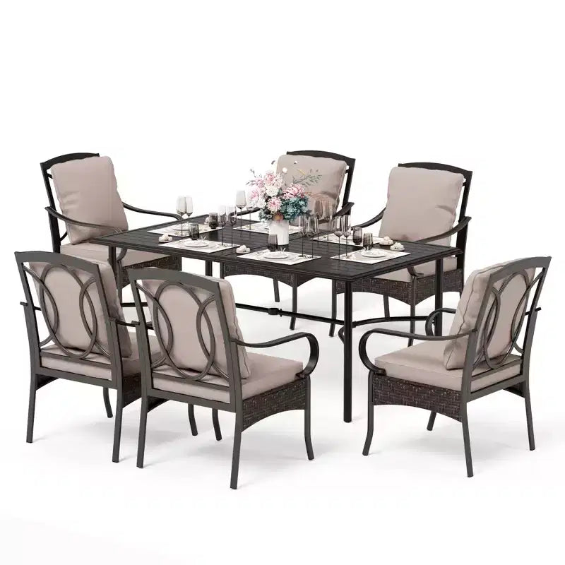Captiva Designs 7pc Patio Dining Set with Rectangle Steel Table & Rattan Metal Arm Chairs