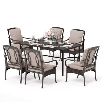 Captiva Designs 7pc Patio Dining Set with Rectangle Steel Table & Rattan Metal Arm Chairs