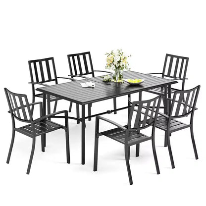 Captiva Designs 7pc Patio Dining Set with Slat-top Rectangle Table & Metal Stackable Chairs