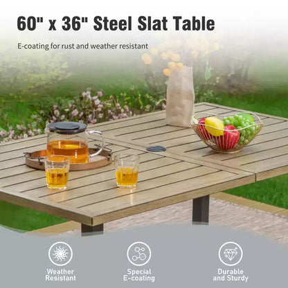 Captiva Designs 6pc Outdoor Patio Slat-top Steel Dining Table & Metal Chairs & Cushioned Bench