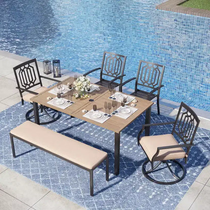 Captiva Designs 6pc Outdoor Patio Slat-top Steel Dining Table & Metal Chairs & Cushioned Bench