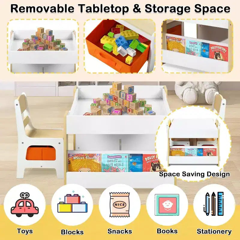 Kinder King 3-in-1 Kids Table & 2 Chairs Set with Storage, Removable Top & Blackboard, for Art, Crafts, Reading