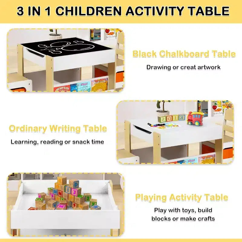 Kinder King 3-in-1 Kids Table & 2 Chairs Set with Storage, Removable Top & Blackboard, for Art, Crafts, Reading