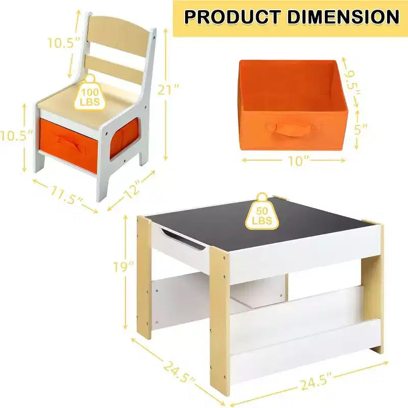 Kinder King 3-in-1 Kids Table & 2 Chairs Set with Storage, Removable Top & Blackboard, for Art, Crafts, Reading