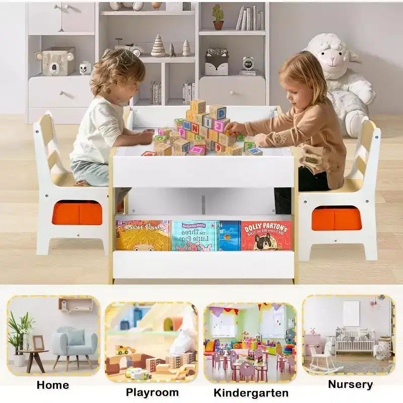 Kinder King 3-in-1 Kids Table & 2 Chairs Set with Storage, Removable Top & Blackboard, for Art, Crafts, Reading