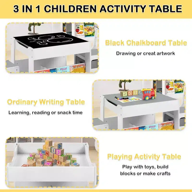 Kinder King 3-in-1 Kids Table & 2 Chairs Set with Storage, Removable Top & Blackboard, for Art, Crafts, Reading