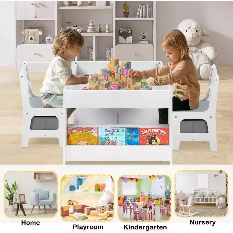 Kinder King 3-in-1 Kids Table & 2 Chairs Set with Storage, Removable Top & Blackboard, for Art, Crafts, Reading