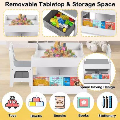 Kinder King 3-in-1 Kids Table & 2 Chairs Set with Storage, Removable Top & Blackboard, for Art, Crafts, Reading