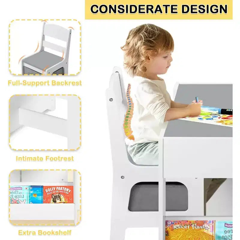 Kinder King 3-in-1 Kids Table & 2 Chairs Set with Storage, Removable Top & Blackboard, for Art, Crafts, Reading