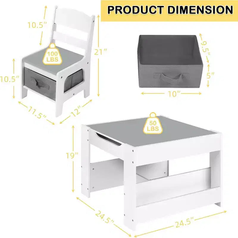 Kinder King 3-in-1 Kids Table & 2 Chairs Set with Storage, Removable Top & Blackboard, for Art, Crafts, Reading