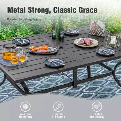Captiva Designs Ensemble de salle à manger de jardin 8 pièces avec table rectangulaire en acier, chaises en acier noir et parasol beige