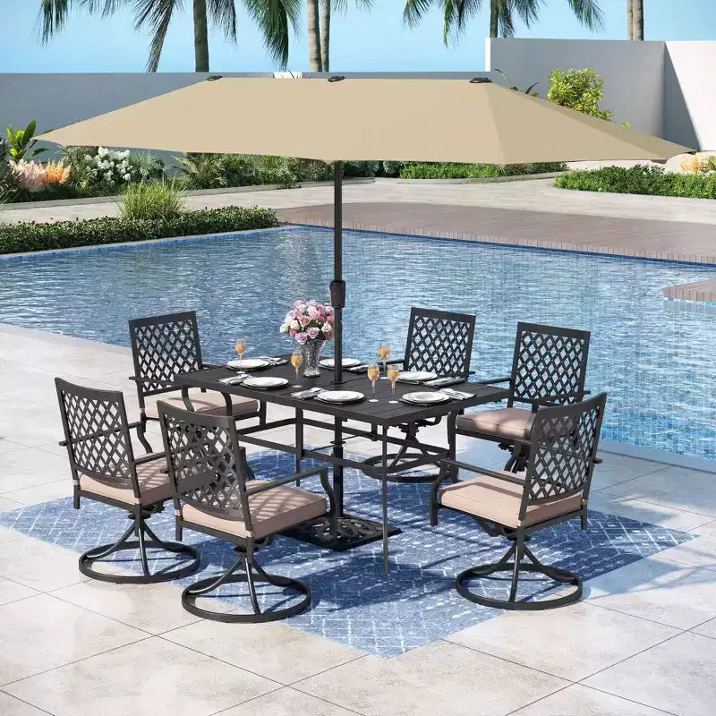 Captiva Designs Ensemble de salle à manger de jardin 8 pièces avec table rectangulaire en acier, chaises en acier noir et parasol beige