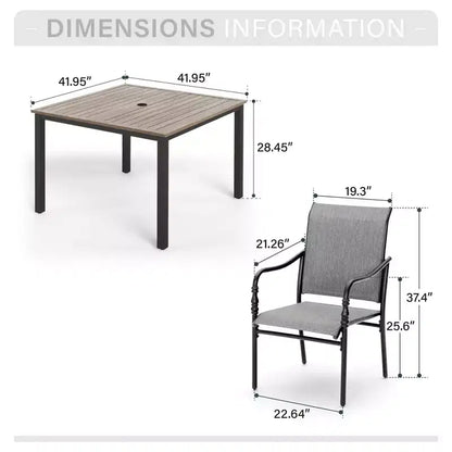 Captiva Designs 5pc Patio Dining Steel Dining Table with Umbrella Hole & Gray Textilene Arm Chairs