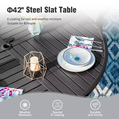 Captiva Designs 5pc Patio Dining Steel Dining Table with Umbrella Hole & Gray Textilene Arm Chairs