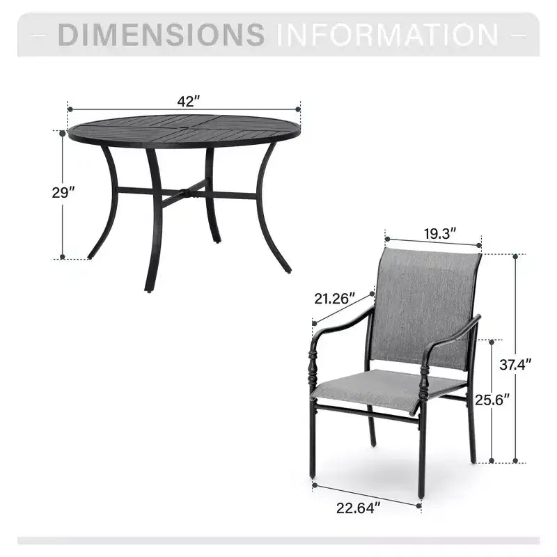 Captiva Designs 5pc Patio Dining Steel Dining Table with Umbrella Hole & Gray Textilene Arm Chairs