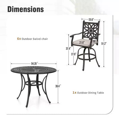 Captiva Designs 7pc Cast Aluminum Bar Height Patio Dining Set with Round Table & Swivel Stools