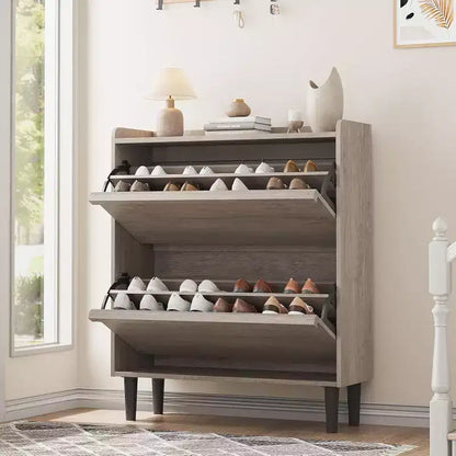 Meuble à chaussures en bois avec 2 tiroirs basculants et étagère réglable, Rangement de chaussures pour entrée, Meuble à chaussures dissimulé pour couloir, salon, Gris