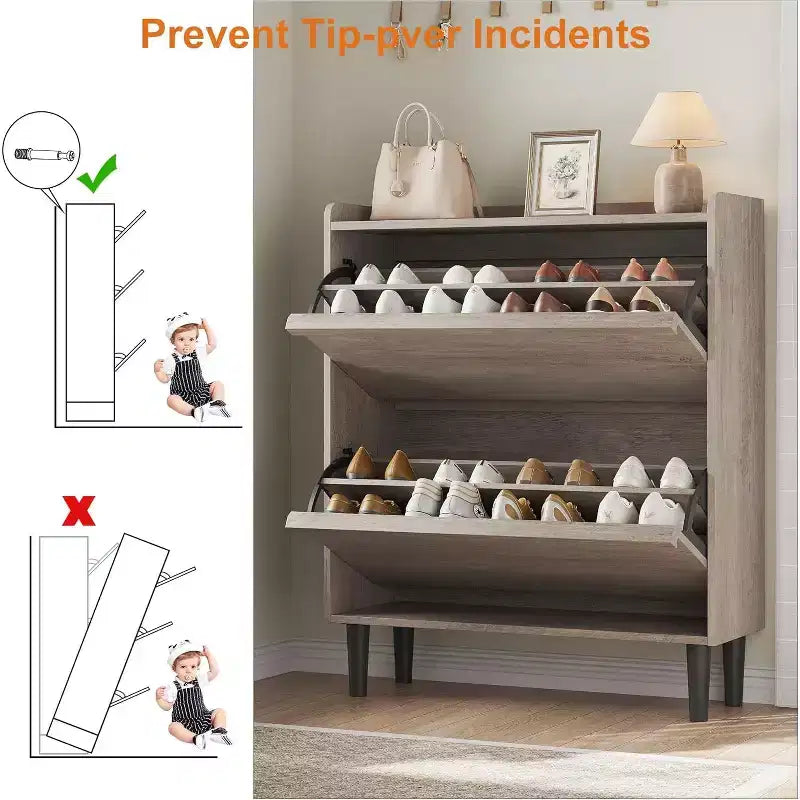 Meuble à chaussures en bois avec 2 tiroirs basculants et étagère réglable, Rangement de chaussures pour entrée, Meuble à chaussures dissimulé pour couloir, salon, Gris