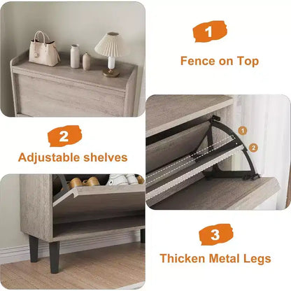 Meuble à chaussures en bois avec 2 tiroirs basculants et étagère réglable, Rangement de chaussures pour entrée, Meuble à chaussures dissimulé pour couloir, salon, Gris